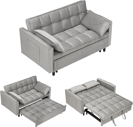 55" Modern Velvet Loveseat Sleeper Sofa, 3-in-1 Convertible Pull-Out Bed with Adjustable Backrest, 2 Pillows & Side Pockets, Small Pull Out Couch for Living Room, Apartment(Gray)
