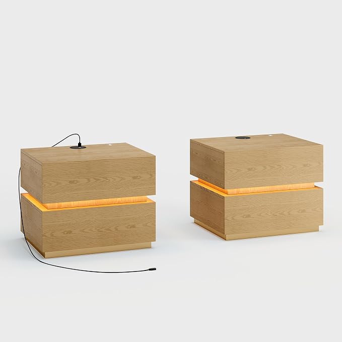 homary Smart Nightstand Set of 2 with Wireless Charging Station, USB & Type-C Ports, LED Light, 2 Drawers – Modern Natural Bedside Table for Bedroom Storage - Image 9