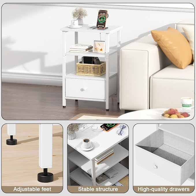 Side Table with Charging Station, Nightstand with Adjustable Fabric Drawer, Bedside Table for Bedrooms, Living Rooms & Home Decor (White) - Image 6