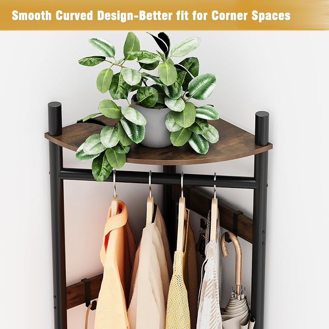 GiftGo Corner Hall Tree with Shoe Rack Entryway Coat Rack with 6 Metal Movable Hooks Floor Standing Clothes Rack Organizer for Home Office Bedroom (Rustic Brown) - Image 6