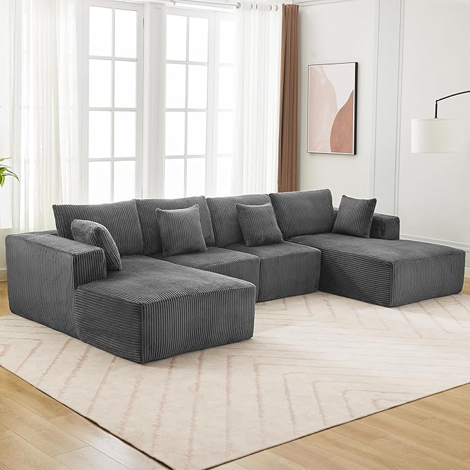 Cloud Boneless Couch 137" Modern Sectional U-Shaped Comfy No Assembly Required Convertible Compression Sleeper Modular Sofa with Corduroy Fabric Deep Seat Single + Chaise for Living Room