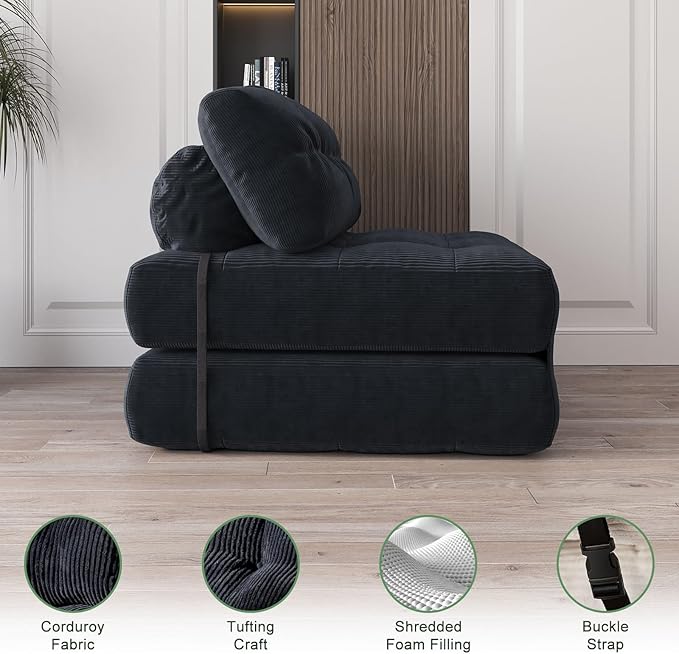 GarveeHome Folding Sofa Bed, Floor Folding Couch with Pillow, Futon Sofa Bed Convertible Sleeper Chair Foldable Mattress Back Support, Portable Fold Out Couch, Full, Corduroy, Black