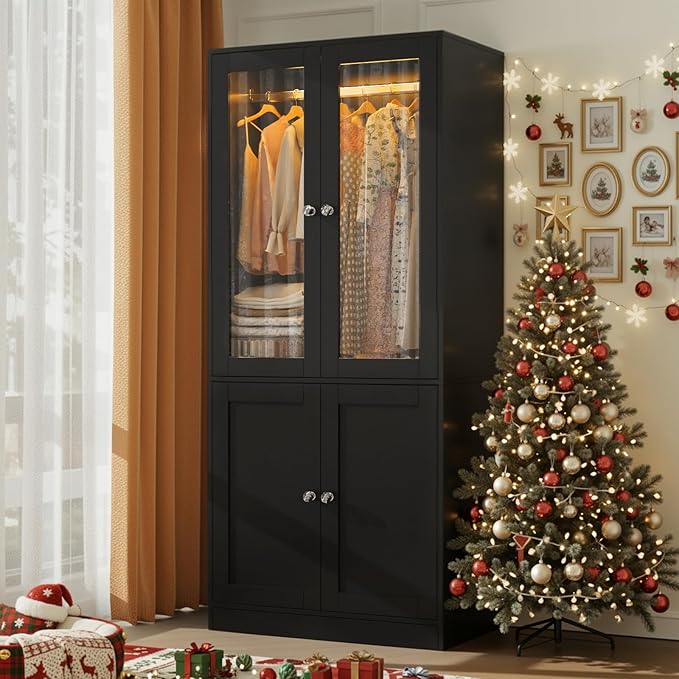 VOWNER 75" Tall Armoire Wardrobe Closet with Drawers & Lights, Clothing Storage Cabinet with 2 Glass Doors & Hanging Rod, Wooden Armoire Storage Cabinet for Bedroom (Black, 75''H)