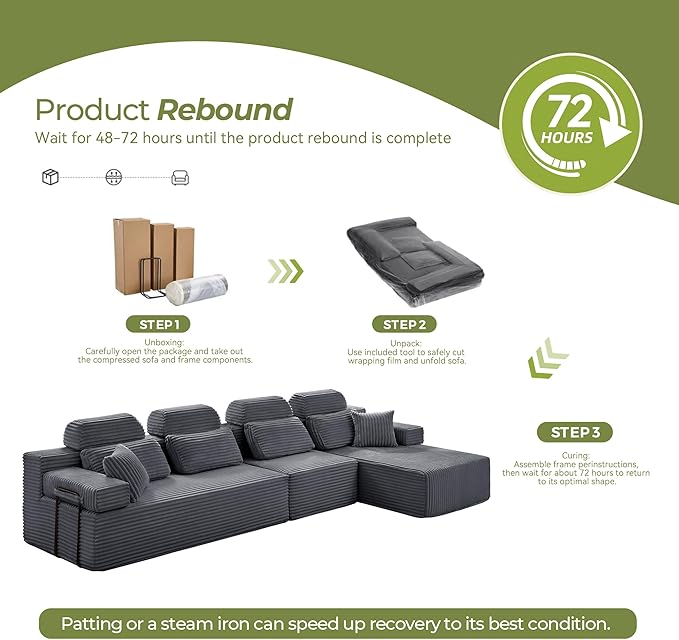 136" L-Shaped Cloud Modular Sectional Sofa with Chaise & Headrest, Boneless Deep Seat Plush Corduroy Couches for Large Living Room, No Assembly Required (Dark Gray, 136" L-shapred Chaise)
