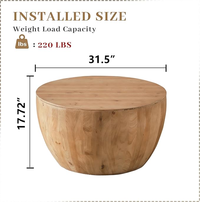 31.50" Coffee Table with Storage, Round Drum Coffee Table for Office, Dining Room and Living Room, Nature