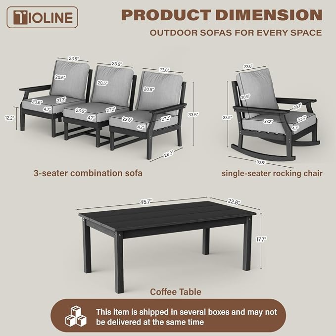 HDPE Patio Conversation Set, 6-Piece All Weather Outdoor Furniture Set with 2 Single Rocking Armchairs for Deck, Lawn, with Cushion, Black