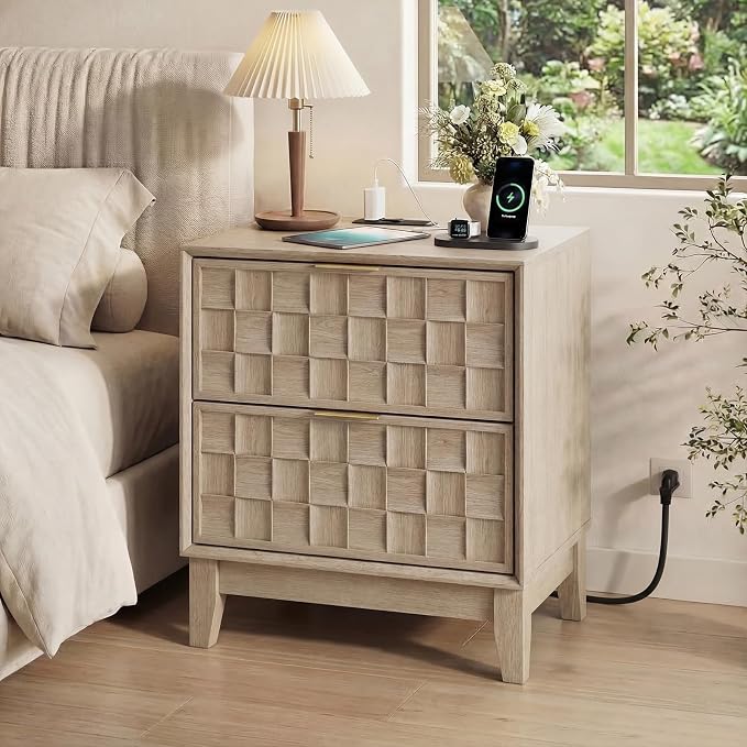 COLAMY Nightstand with Charging Station, 2 Drawers Modern Bedside End Table Dresser, with Chessboard Relief and Wood Legs, for Bedroom, Closet and Small Space - Oak by COLAMYHOME