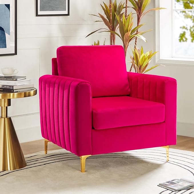 HULALA HOME Velvet Accent Club Chair, Modern Velvet Armchair with Gold Metal Legs Upholstered Barrel Leisure & Reading Armchair, Fuchsia