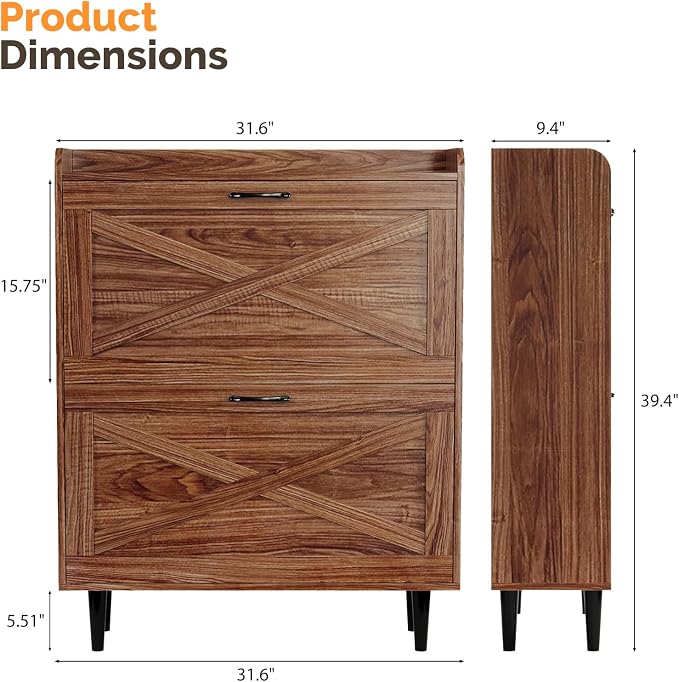 VINGLI Shoe Storage Cabinet for Entryway with 2 Flip Drawers, Ultra Slim Freestanding Entryway Shoe Organizer with Wood Tapered Legs,Hidden Closed Shoe Rack,31.6" W * 9.4" D * 39.4" H, Walnut - Image 2