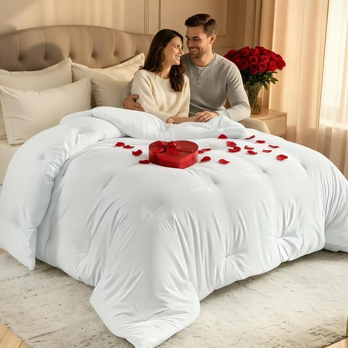 Comforters Oversized Queen Size, All Season Quilted Bed Comforter, Ultra-Soft Down Alternative Duvet Insert with 4 Tabs, Lightweight Bedding Blanket - Machine Washable, White