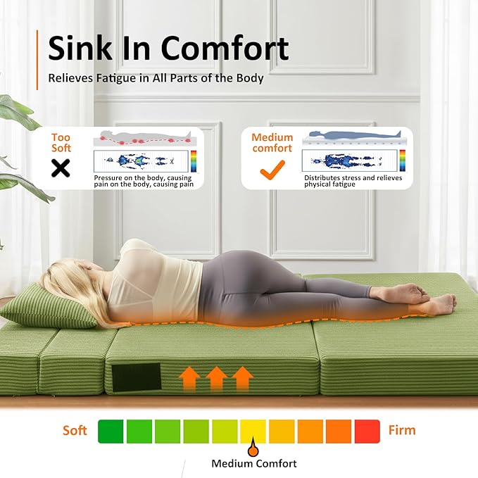 Queen Size Folding Sofa Bed - 4 in 1 Convertible Sleeper Chair with Two Pillows - High Density Memory Foam Futon Couch - Foldable Bed for Living Room Bedroom (Green)