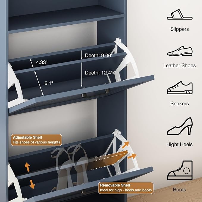 Shoe Storage Cabinet with 2 Flip Drawers, 24" W Farmhouse Modern Hidden Shoes Rack with Adjustable Shelves & Open Storage, Narrow Slim Shoe Organizer for Front Door Entrance, Entryway, Navy Blue - Image 3
