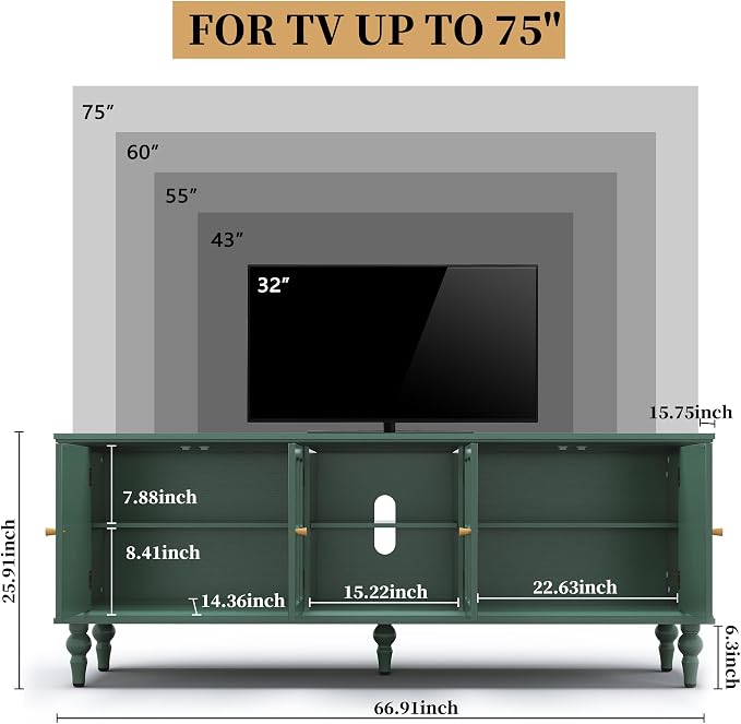 3More 67" Mid Century Modern TV Stand with Window Design,Wood Entertainment Center with Open Shelf,Up to 70" Media TV for Living Room or Bedroom,Green - Image 2