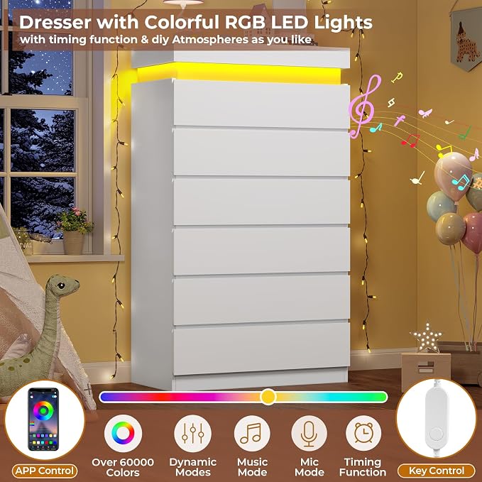 HAUOMS Tall 6 Drawer Dresser with LED Light, White Modern Chest of Drawers for Bedroom,Closet Dressers with Drawers for Living Room, Entryway, Hallway - Image 3