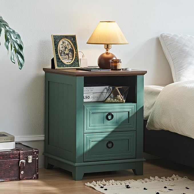 Joaxswe 18" Farmhouse Night Stands Set of 2 with Charging Station, 2 Drawers Bedside End Table, Green Wooden Nightstand, Bed Side Table Cabinet with Open Shelf for Bedroom Living Room Office - Image 4