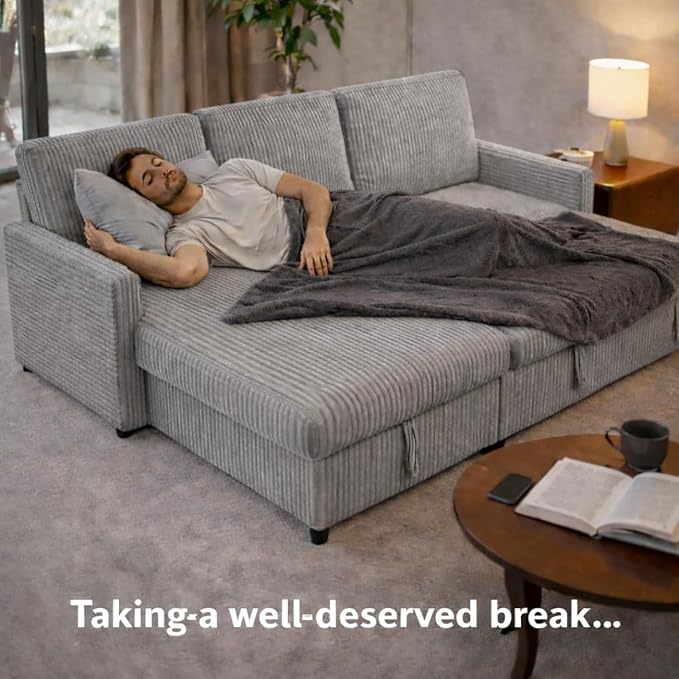 Shintenchi Futon Sofa Bed Convertible Couches L Shaped, 4‑in‑1 Sectional Sleeper Sofa Pull Out Couches for Living Room, Multifunctional Couch with Storage Chaise Corduroy Fabric, Light Gray