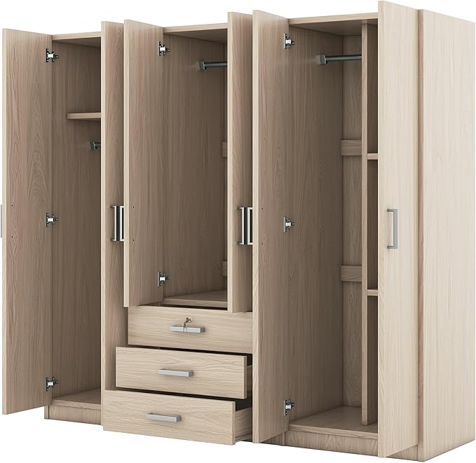68" H Large 6 Doors Wooden Wardrobe Closet, Freestanding Armoire Wardrobe Closet Cabinet with 3 Drawers, Shelves and Hanging Rod for Hanging Clothes, Coat Closets for Bedroom, Brown