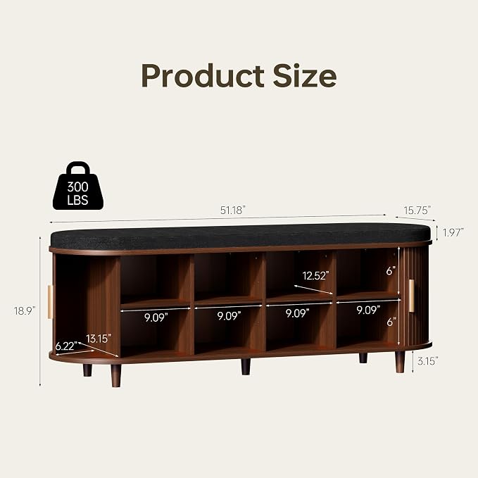 DHH 2-Tier Storage Bench,Wide Shoe Bench with Thickened Padded Seat Cushion, Mid Century Modern Fluted Sliding Door and Adjustable Shelf, for Entryway, Living Room, Bedroom (Walnut, 51.2”) - Image 2