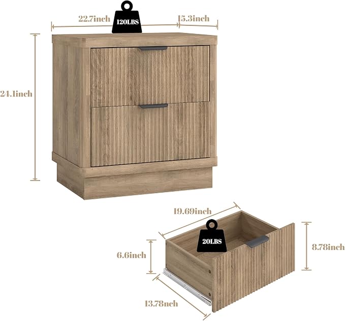 Fluted Nightstand Set of 2, Bedside Table with 2 Drawer, Modern End Table Large Wooden Oak Sofa Side Table, Night Stand for Bedroom, Small Space - Image 3