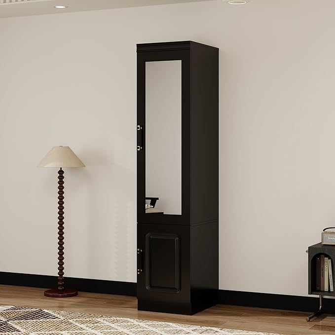Modern Black 1 Door Armoire Wardrobe Closet with Mirror, Hanging Rod & Storage for Bedroom