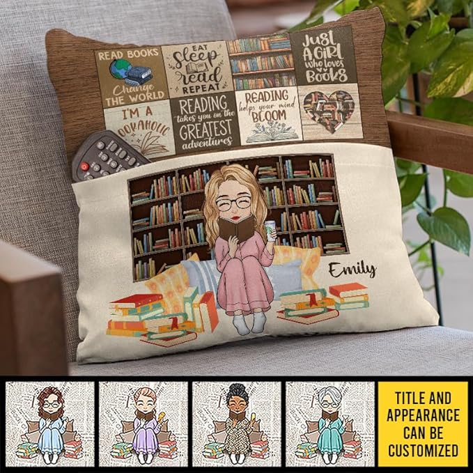 Custom Pocket Pillow, Personalized Bookish Gifts for Book Lovers, Booknerds, Bookworms, Reading Helps Your Mind Bloom, Birthday Librarian Gift for Women Teacher Students, Book Club Gifts