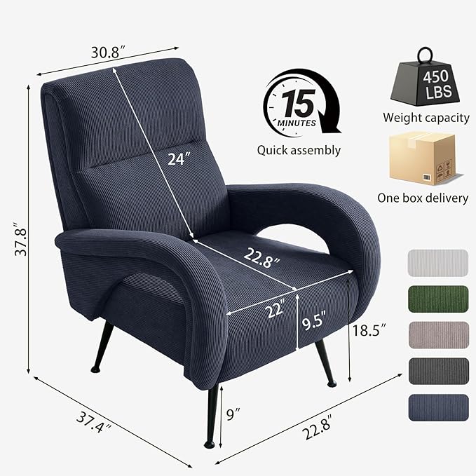 Corduroy Living Room Accent Chairs, Comfy High Back Reading Chair with Curved Arms and Solid Legs, Upholstered Armchair for Bedroom, Reading Nook, Apartment, Navy Blue