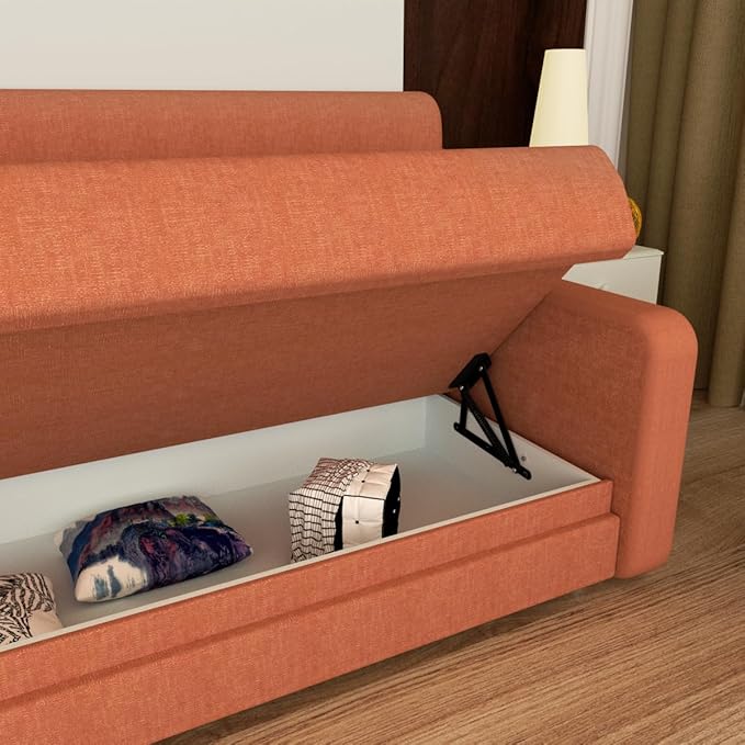 Full Size Murphy Bed Cabinet with Loveseat Sofa, White Hidden Beds,Wall Bedframe w/Orange Couch for Bedroom,Space-Saving, Noise Free