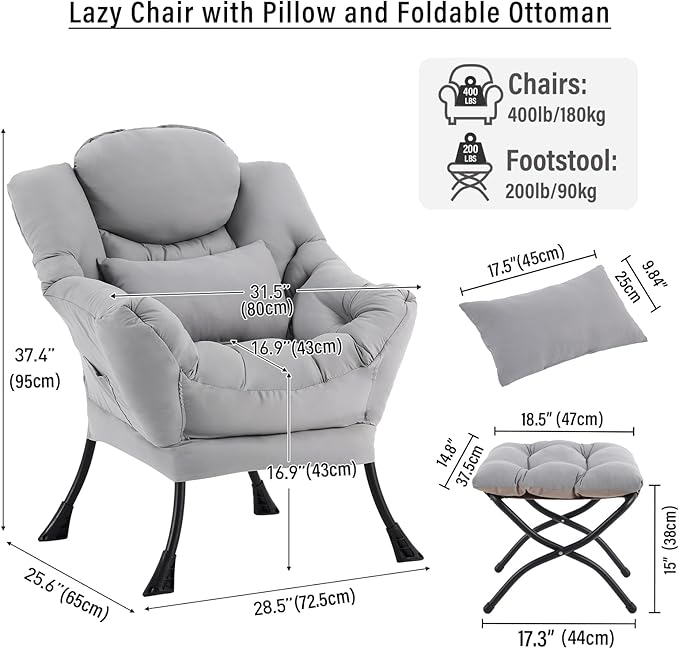 Lazy Chair with Ottoman, Modern Accent Chair with Lumbar Pillow, Grey Sofa, Armchairs with Folding Footrest, Oversized Supportive Chairs for Bedroom, Reading