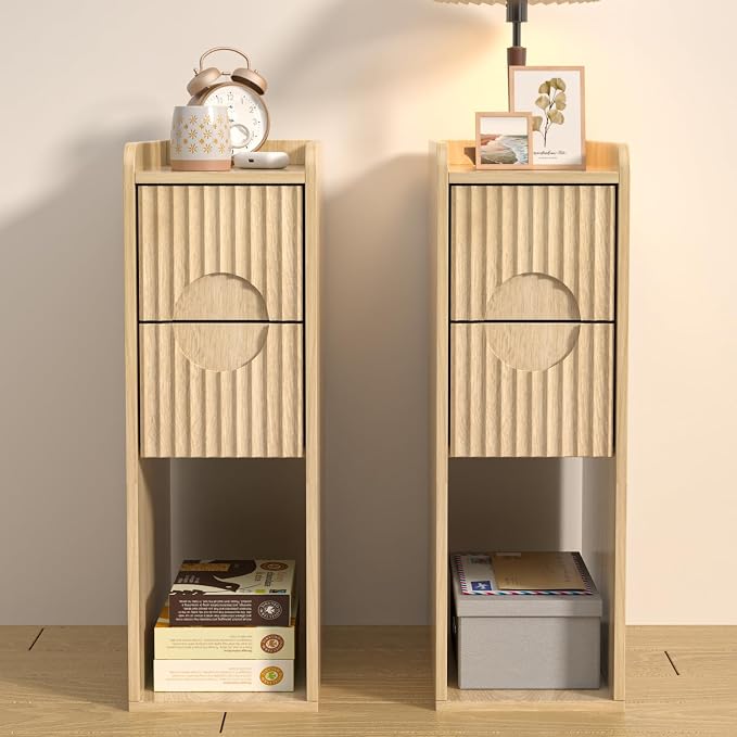 Small Fluted Nightstand Set of 2, Wood 2 Drawer Narrow Nightstand, Slim Side Table, Modern Boho End Bedside Table, Natural Wood Night Stand with Drawers for Bedroom, Living Room, Natural by Jluomei