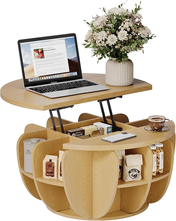 32.7" Lift Top Coffee Table with Storage, Natural Wood Round Center Table with Hidden Storage Compartment & Shelves, Mid Century Modern Coffee Tables for Living Room Rustic Accent Small Center Table