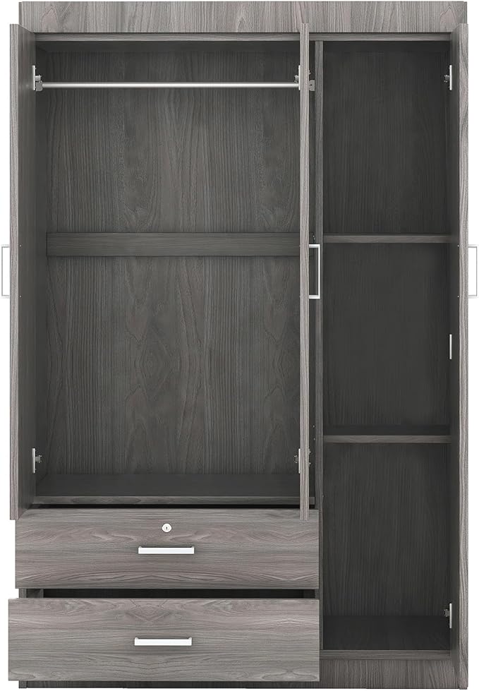Merax 3 Doors Wardrobe Clothes Organizer with 2 Drawers, 41.3" Small Closet Organizer with Hanging Rail, Wood Storage Closet with 3 Shelves, Gray
