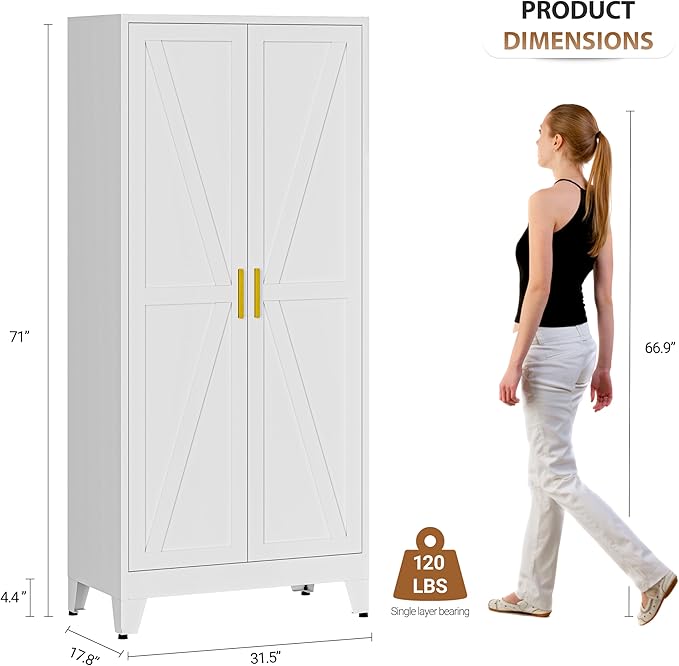 Metal Armoire Wardrobe Closet with Doors and Shelves, 71" Tall Metal Wardrobe Closet with Hanger Rod and Clothing Shelf, White Farmhouse Bedroom Armoire Steel Storage Cabinet for Bedroom