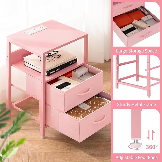 Yoobure Nightstand with Charging Station, Small Night Stand with Fabric Drawers and Storage Shelf for Bedrooms, Nightstands for Small Spaces, Bedside Table with USB Ports & Outlets Bed Side Table - Image 8