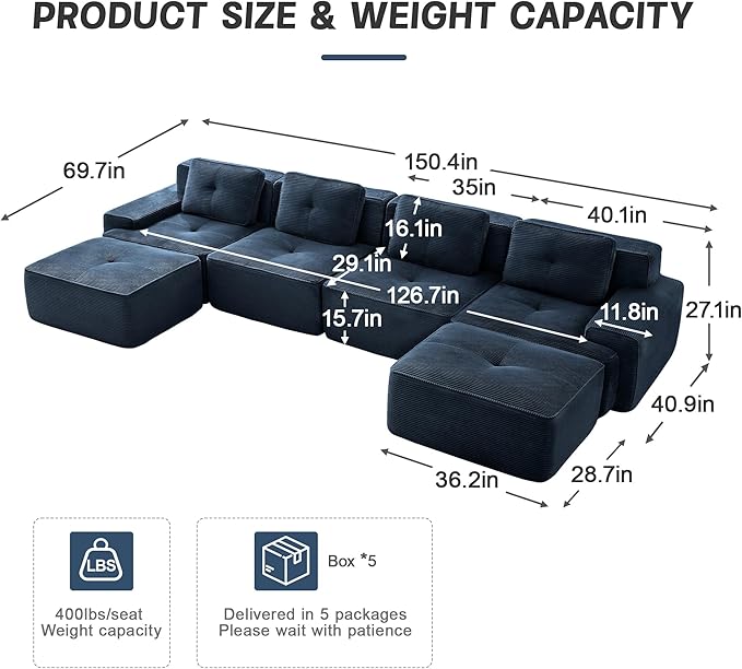 Casaphoria 150'' Blue Boneless Sectional Sofa, Corduroy 4-Seater Cloud Couch with 4 Pillows & 2 Ottomans for Living Room, U-Shaped Deep Seat Modular Sofa for Apartment, No Assembly