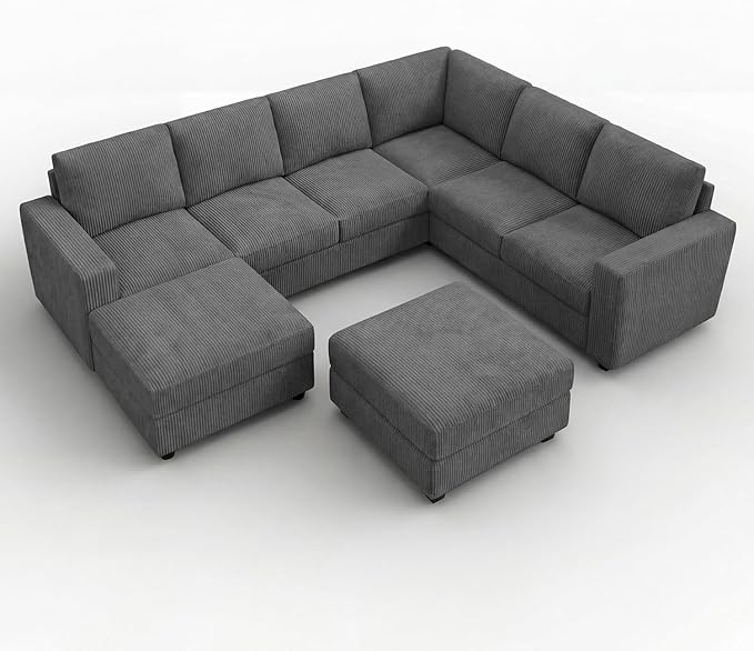 HONBAY Corduroy Sectional Couch with Storage, U Shaped Sectional Sofa, 8 Seater Sectional Couches for Living Room, Dark Gray