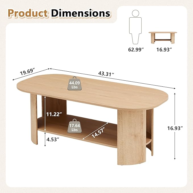 Oval Coffee Table for Living Room, 43.3” Farmhouse Coffee Tables with Storage, 2-Tier Wood Center Table with Storage Shelf Low Tea Table for Small Space, Home, Office, Easy Assembly (Natural)