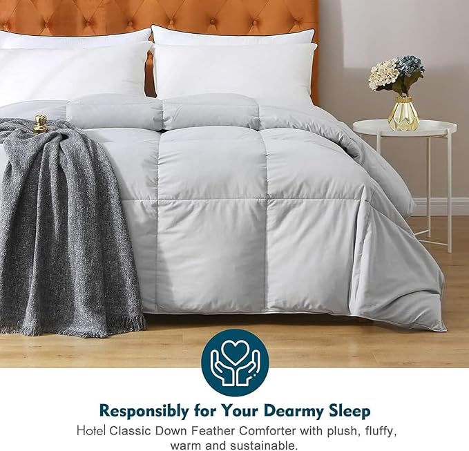 Gray Feathers Down Comforter Full/Queen - 100% Organic Cotton Cover, Medium Warm All Seasons Machine Washable Duvet Insert with Tabs (90x90, Mirage Grey)