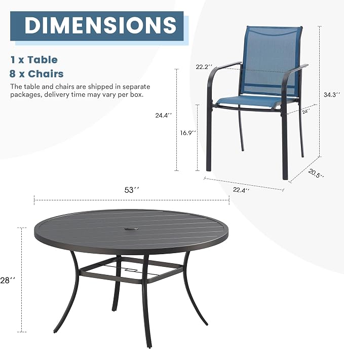 DIFY Outdoor Dining Set for 8, Patio Dining Furniture Set Includes 53" Black Round Table with Adjustable Umbrella Hole and 8 Blue Stackable Metal Chairs for Poolside, Garden, Backyard - Image 8