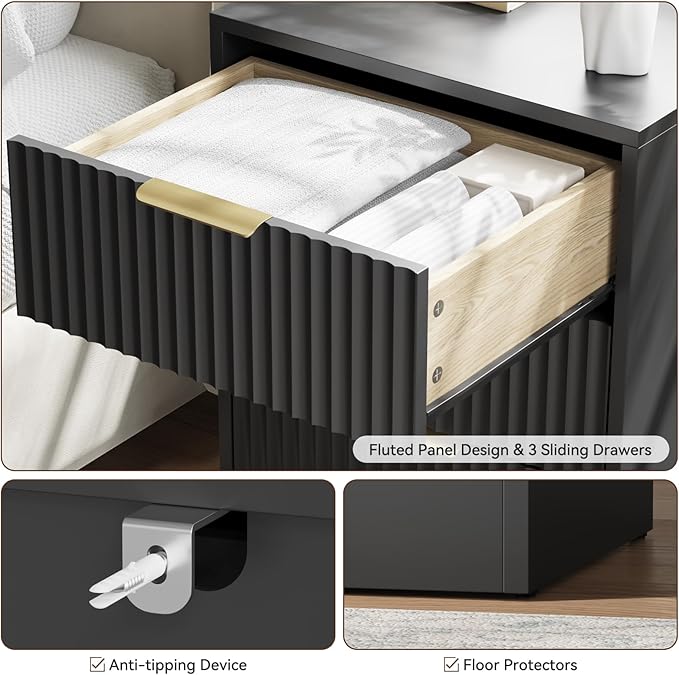 Black Fluted Dresser & Nightstand Set 3-Piece, Long 6 Drawer Dresser and Night Stand Set of 2 with Metal Handle, Fluted Modern Wood Chest of Drawers Storage Dressers Set for Bedroom, Black