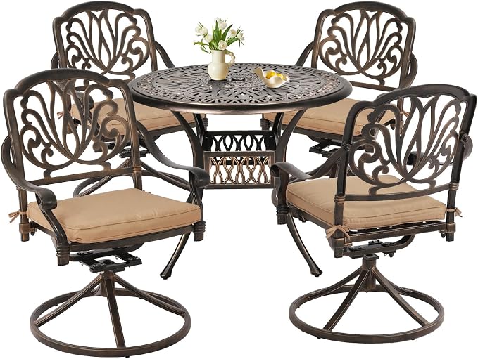 Grepatio 5 Piece Outdoor Dining Set Cast Aluminum Patio Dining Set Table and Chairs Outside Furniture 4 Swivel Chairs with Cushion and 1 Umbrella Hole Round Dining Table for Lawn Garden Patio (Khaki) by Takesyoutohaveawonderfullife