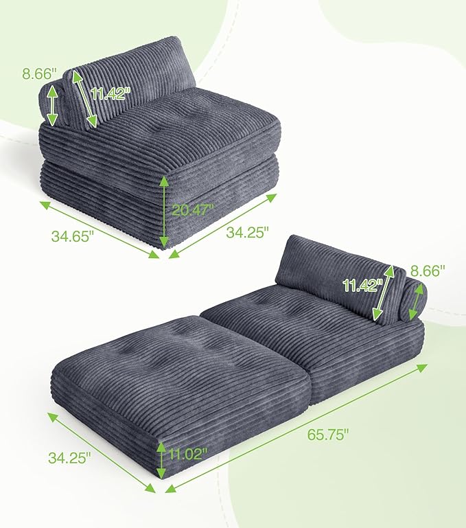 Plush Corduroy Folding Sofa Bed, Free Setup Floor Beds, 34" Boneless Couch for Small Spaces, Corner Chair, Convertible Sleeper Chair, Corner Couch, Foldable Sleeper Sofa Beds, Grey