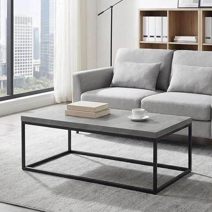 CENSI 47-Inch Large Grey Marble Accent Coffee Table/Center Table for Living Room, Rectangle Modern Industrial Style,Wood and Metal, Max.Loading 220 lbs. (Concrete)
