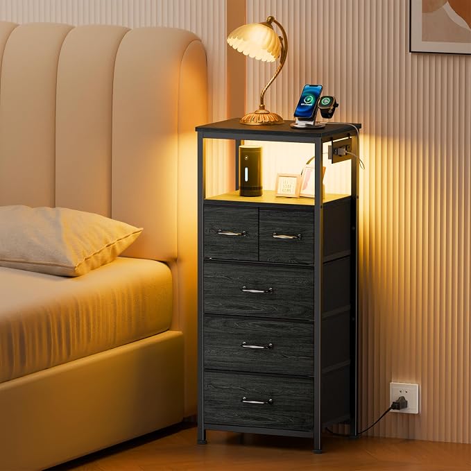 Furnulem Dresser for Bedroom, Tall Nightstand, Vertical Chest with Wood Top, Charging Station, LED Lights, 5 Fabric Bins, Bedside Table with Shelf, Furniture for Entryway (5 Drawer, Black Oak) - Image 2