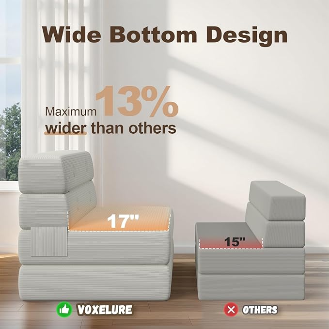 Folding Sofa Bed, Convertible Sleeper Chair & Couch Bed with Pillow, One-Piece High-Density Sponge Mattress, Multi-Purpose Corduroy Floor Sofa for Living Room, Office, Apartment, Beige, Twin