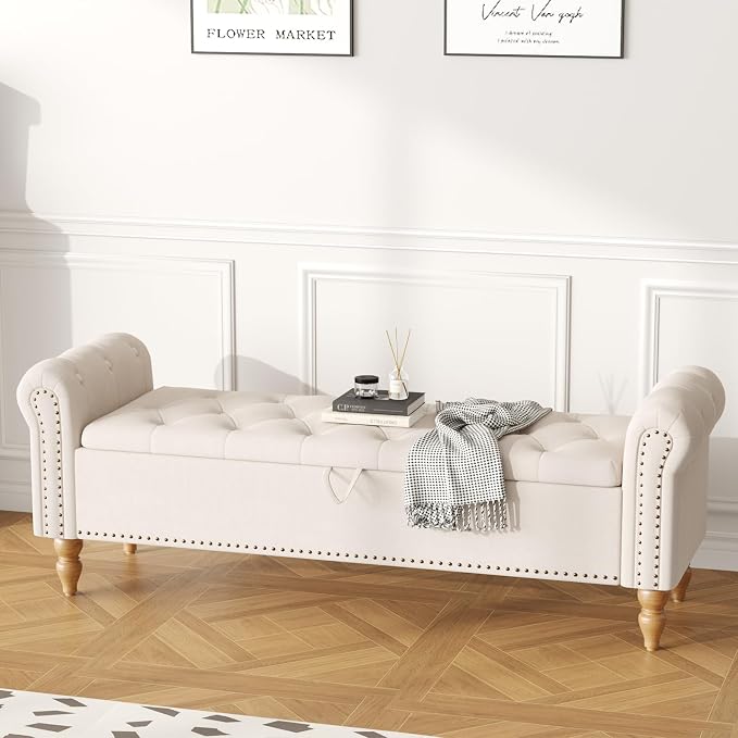 Furniliving 63” End of Bed Bench, Bedroom Bench with Button-Tufted, Large Upholstered Storage Ottoman Benches Entryway Bench with Storage Shoe Cabinet Bench, for Bedroom, Living Room, Linen, Beige - Image 8