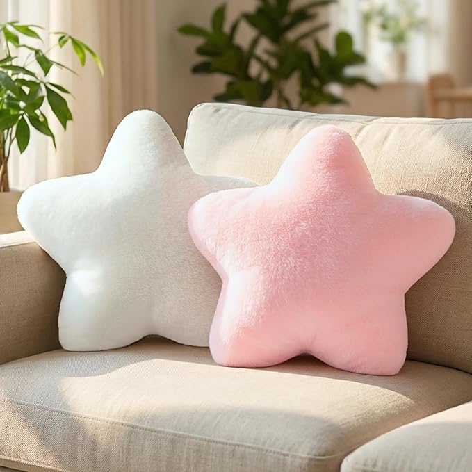 2PCS Star Pillow Set, 15.35’’ Cute Pink White Decorative Star Shaped Throw Pillows for Bed Couch, Aesthetic Soft Faux Plush Pillow Cushion for Room Bedroom Decor Sofa Chair (Pink&White)