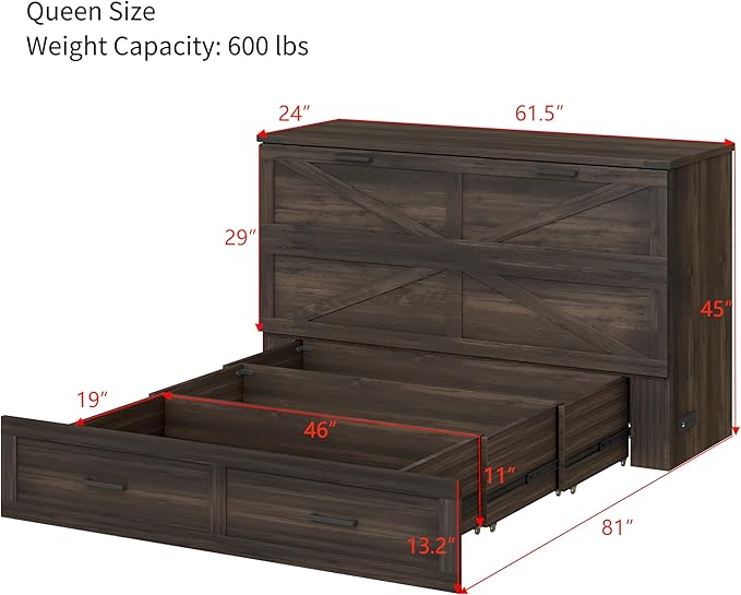 Bellemave Queen Murphy Bedframe, Cabinet Bed with Charging Station and Storage, Farmhouse Murphy Cabinet with Foldable Panel, Noisy Free, for Guest Bedroom, Living Room, Office, Rustic Gray