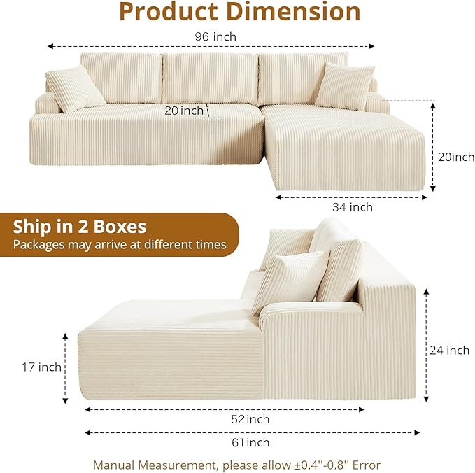 96” Modular Sectional Sofa Couches l-Shape Couch 3 Seat Modular Sofa Memory Foam Sectional Couches for Living Room, Cloud Couch with Oversized Chaise (Beige, Right Facing Chaise)