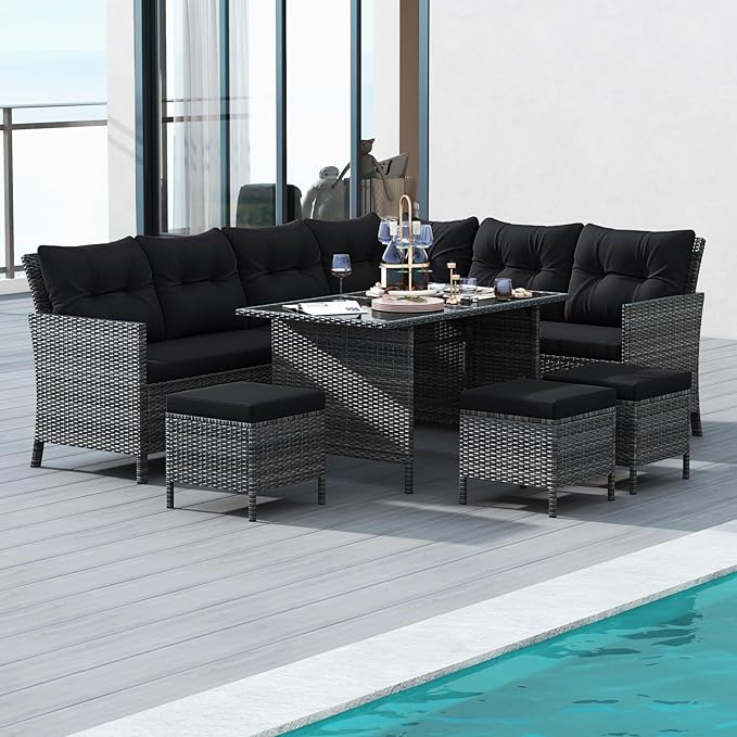 Tangkula 7 Pieces Patio Dining Furniture Set, Outdoor PE Rattan Sectional Sofa Set with Soft Cushions, Ottomans and Tempered Glass Table, Wicker Conversation Set (Mix Gray + Black)