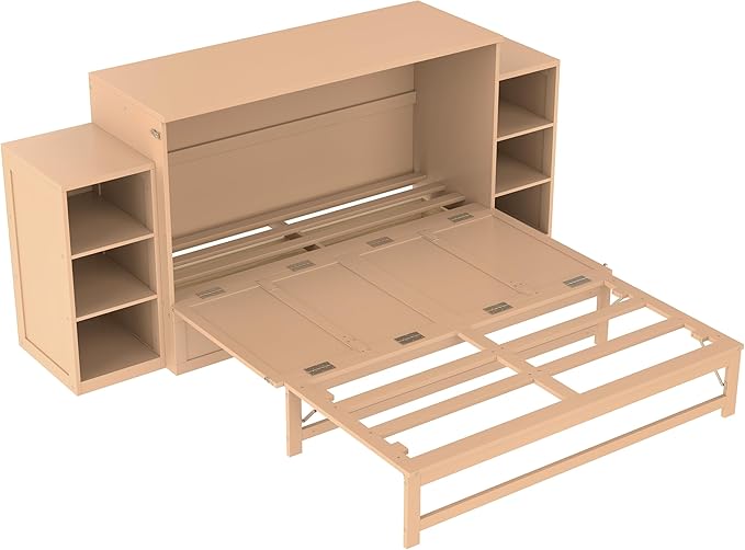 Bellemave Queen Size Murphy Bed, Cabinet Bed with 2 Shelves and Storage Drawers, Farmhouse Murphy Cabinet, Noisy Free, for Guest Bedroom, Living Room, Office, Golden